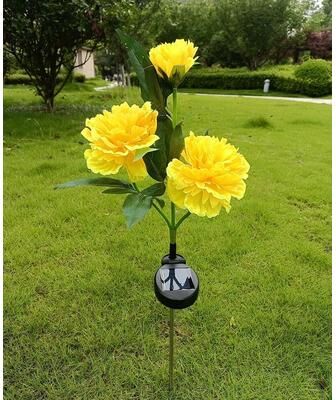 Uplift Picks Solar Peony Flower Garden Lights 3 Head Waterproof Outdoor Pathway Lamp yellow 1 Pc