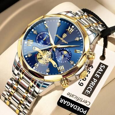 Inspired Finds POEDAGAR Luxury Men's Watch Waterproof Stainless Steel Chronograph Quartz Wristwatch With Luminous Display 938 Gold Gold Blue