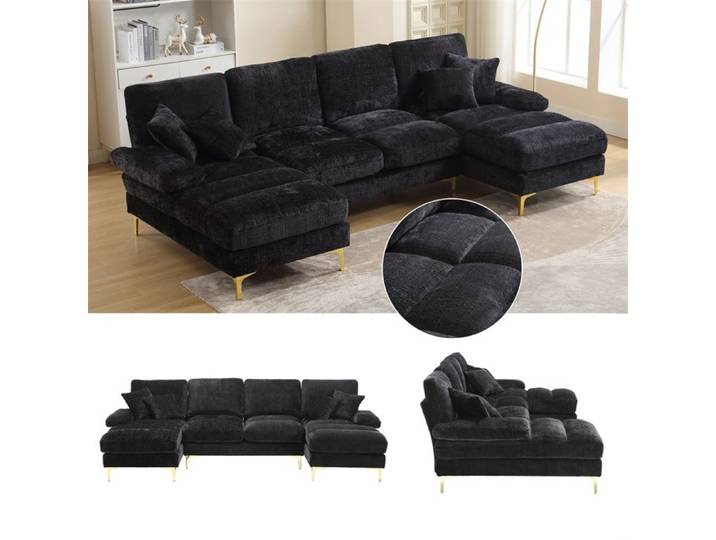 DRIPEX Canapé 4/5 Places en tissu chenille Canapé Moderne en forme U avec 4 coussins pour salon chambre Noir
