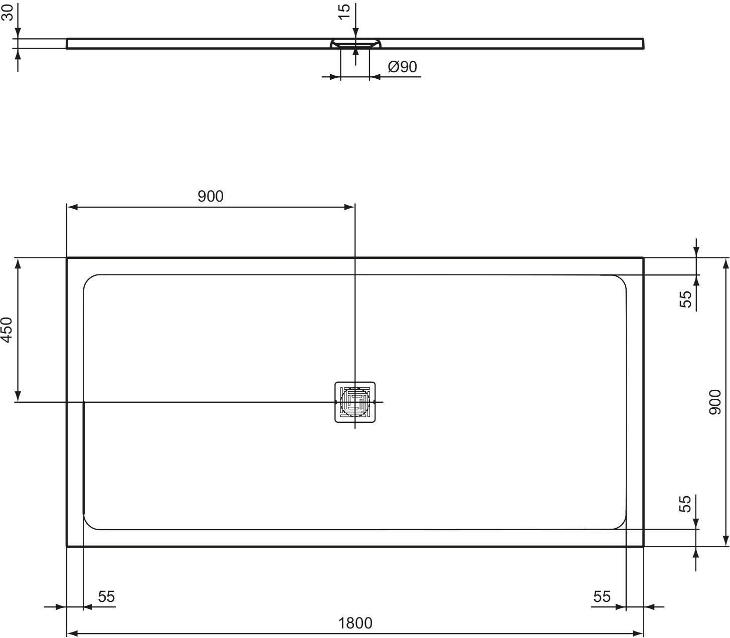 Ideal Standard Flat S + Rechteck-Brausewanne 180 x 90 cm, Ablaufposition: zentriert