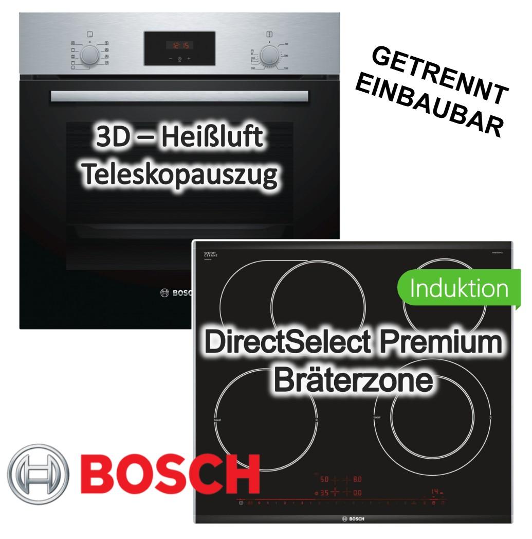 Bosch Herdset Einbaubackofen 3D Heißluft Teleskopauszug+ Elektrokochfeld DirectSelect PowerBoost Bräterzone