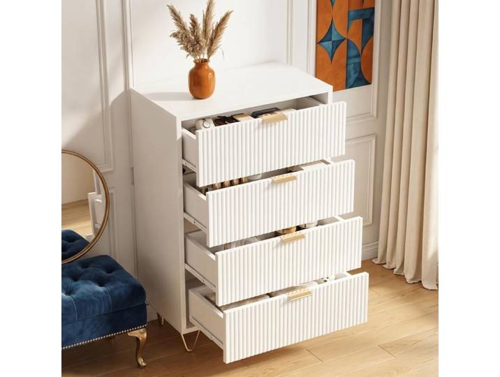 Commode de Chambre à Tiroirs Meuble de Rangement Moderne avec 4 Tiroirs Pieds Métal Commode pour chambre bureau salon Blanc