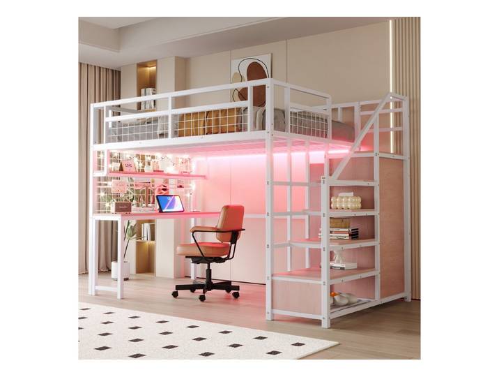 Flieks Hochbett Metallbett 140x200cm mit Stauraumtreppe, Kleiderschrank, Schreibtisch