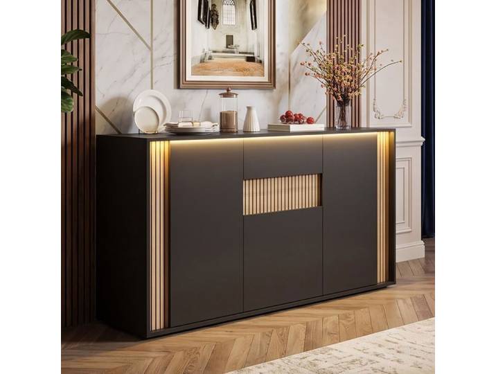 Buffet Enfilade 140x40x82 cm Grand Rangement avec LED Meuble de Rangement Design Tasseaux