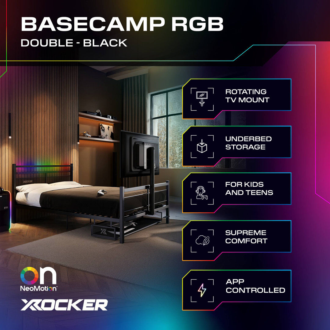 X Rocker Basecamp RGB Double Gaming TV Bed with App Controlled LED Lights - Black Black