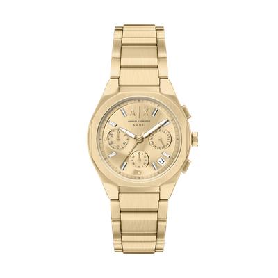 Chronograph ARMANI EXCHANGE "SYNC", gold (gelbgoldfarben), Armbanduhren, Damen, Chronograph, Quarzuhr, Armbanduhr, Edelstahlarmband, analog, Tag, Stoppfunktion