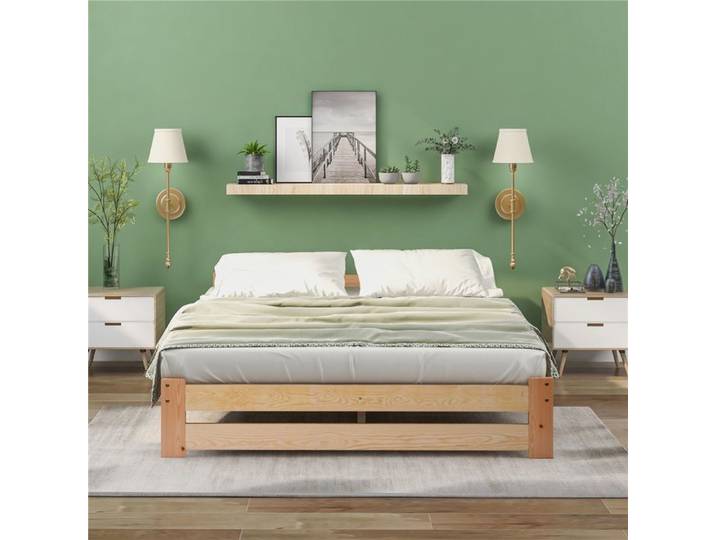 Lit Double Futon 200x140 Bois Massif Naturel - avec Tête de Lit et Cadre à Lattes - Design Épuré sans Matelas