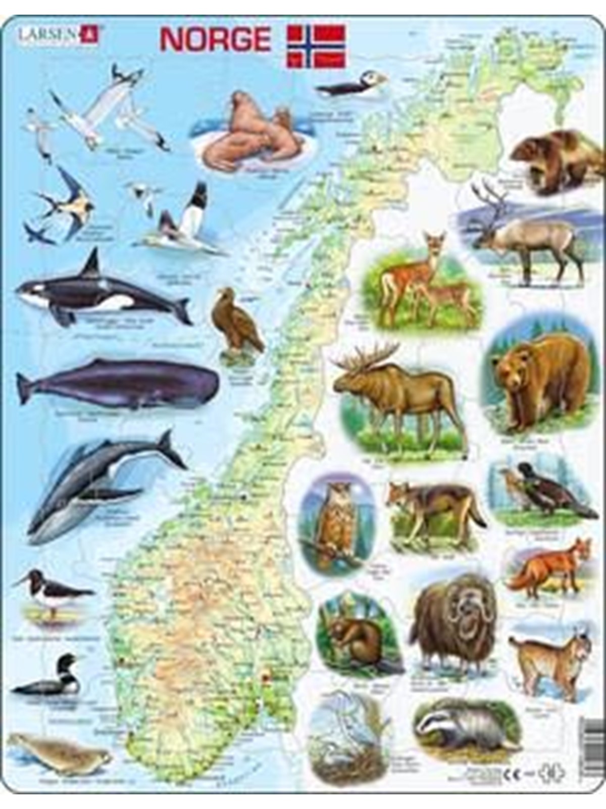 Larsen Puzzles Puzzle Norwegen physisch mit Tieren - 62-teilig, Maxi 2D Puzzles