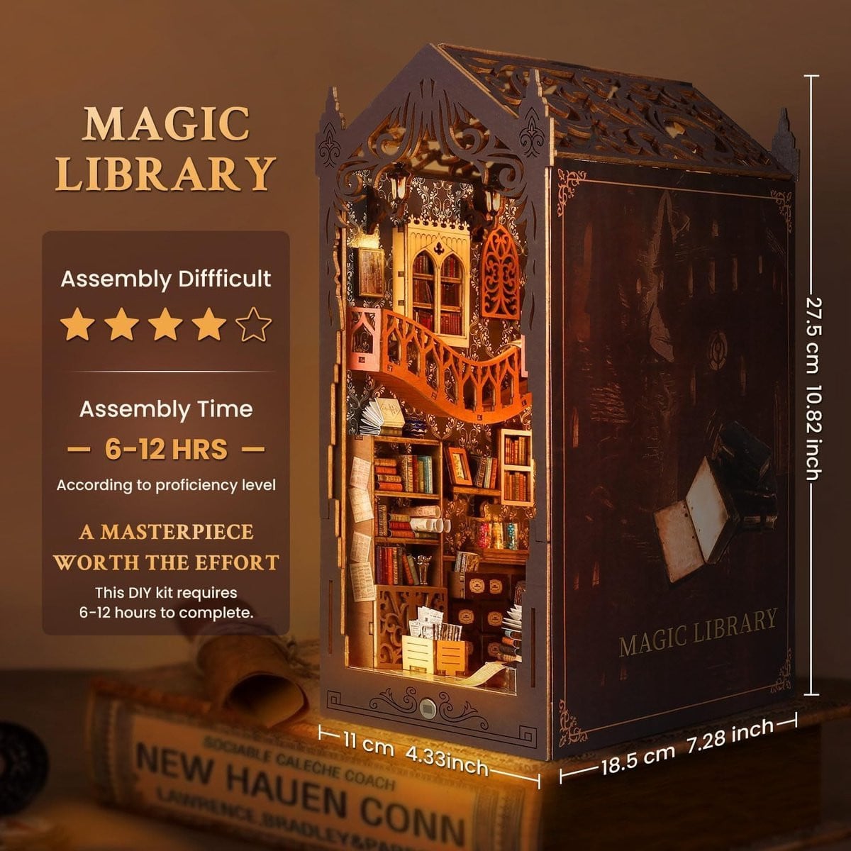 Houten Boekenhoek Kit Miniatuur Huis met LED Verlichting - Bruin - 19 x 29 cm