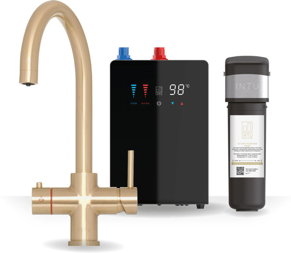 INTU 4-1 Instant Boiling Filtered Water Tap - Swan Neck Brushed Gold 21cm