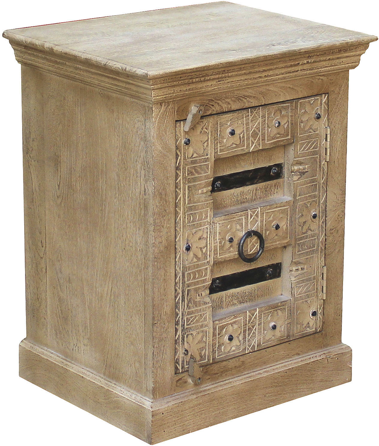 Nachtkommode SIT "Almaty aus Mangoholz mit Schnitzereien & Tür", beige (natur), B:55cm H:70cm T:45cm, Massivholz, Sideboards, Nachtkommode, Aufwendige Schnitzereien natur B/H/T: 55cm x 70cm x 45cm, 1 Tür, Mango, 1 Stk.