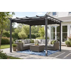 OUTFLEXX Antalya Pergola mit faltbarem Stoffdach, Anthrazit, Aluminium/Stahl/Polyester, 3 x 3 m, UV-Schutz 30+