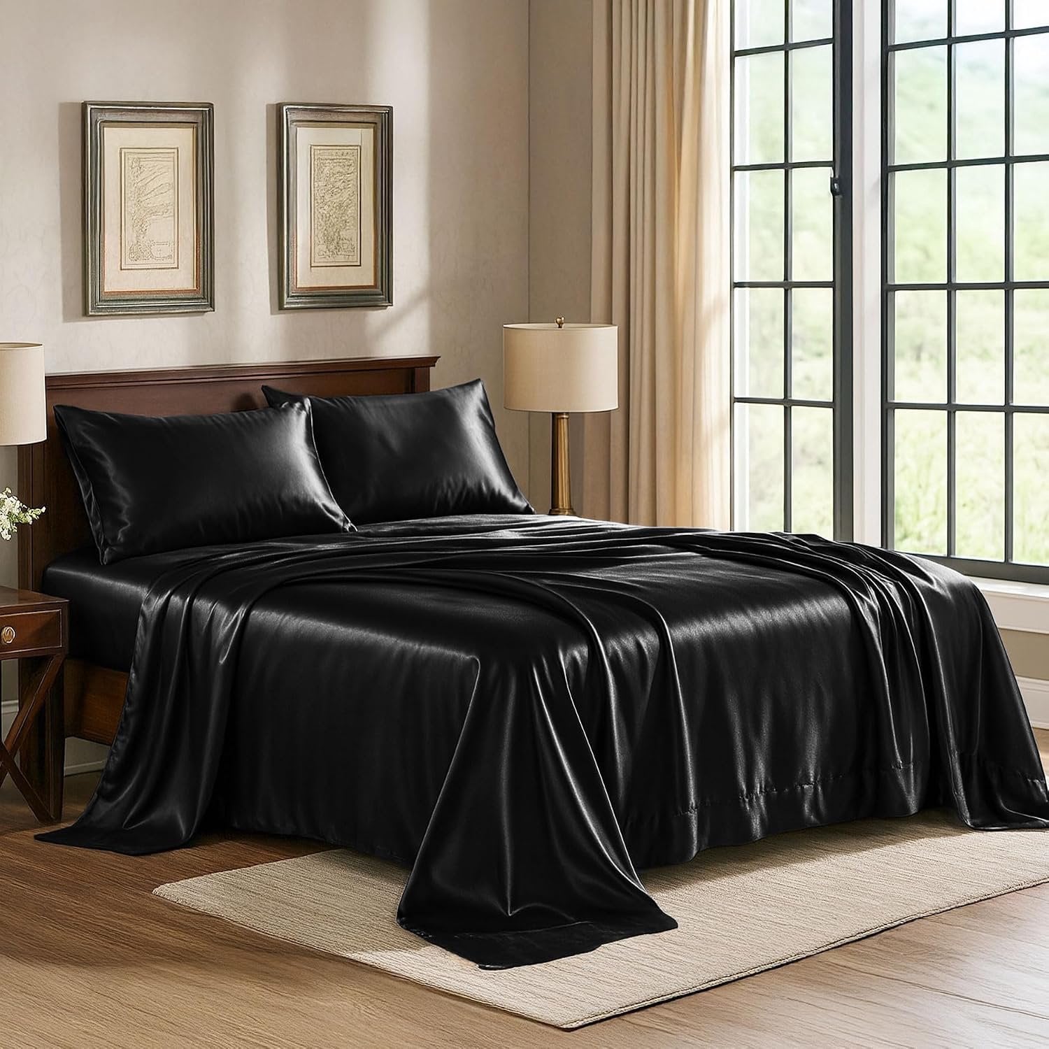 4-delige luxe queensize lakenset zwart, extra zachte 1800 microvezel, kreukvrij en vlekbestendig