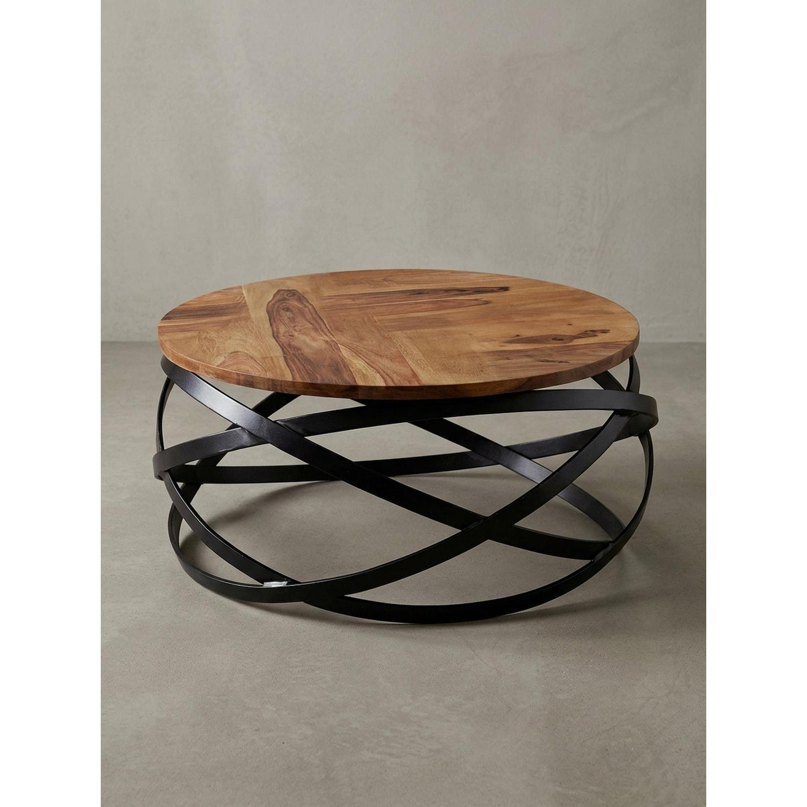 Couchtisch rund aus Massivholz und Metall in Braun, 60x30x60 cm, Industrial Design