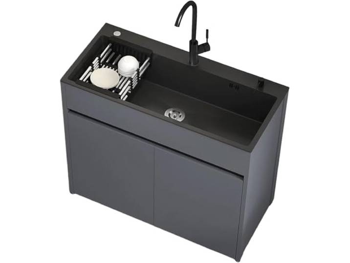 Freistehende Außen-Spüle mit Unterschrank für Garten und Werkstatt, schwarzes Edelstahl-Waschbecken, Wabenaluminium-Korpus mit verstellbaren Füßen, inklusive Kalt- und Warmwasserarmatur