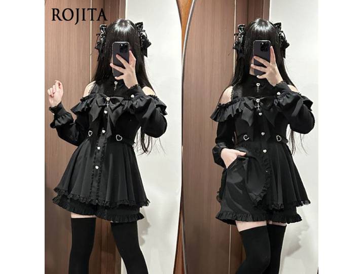 Ensemble deux pièces Cool Jirai Kei, robe à épaules dénudées, dentelle noire, bouton cœur, tenue Kawaii, robe japonaise à manches longues et épaules dénudées