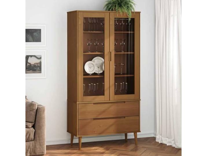 ZQQLVOO Vitrinenschrank E Braun 90x35x175 cm Massivholz Kiefer 2 Schubladen, 4 Fächer, 2 Glastüren, Skandinavisches Design, UV-Lackierung
