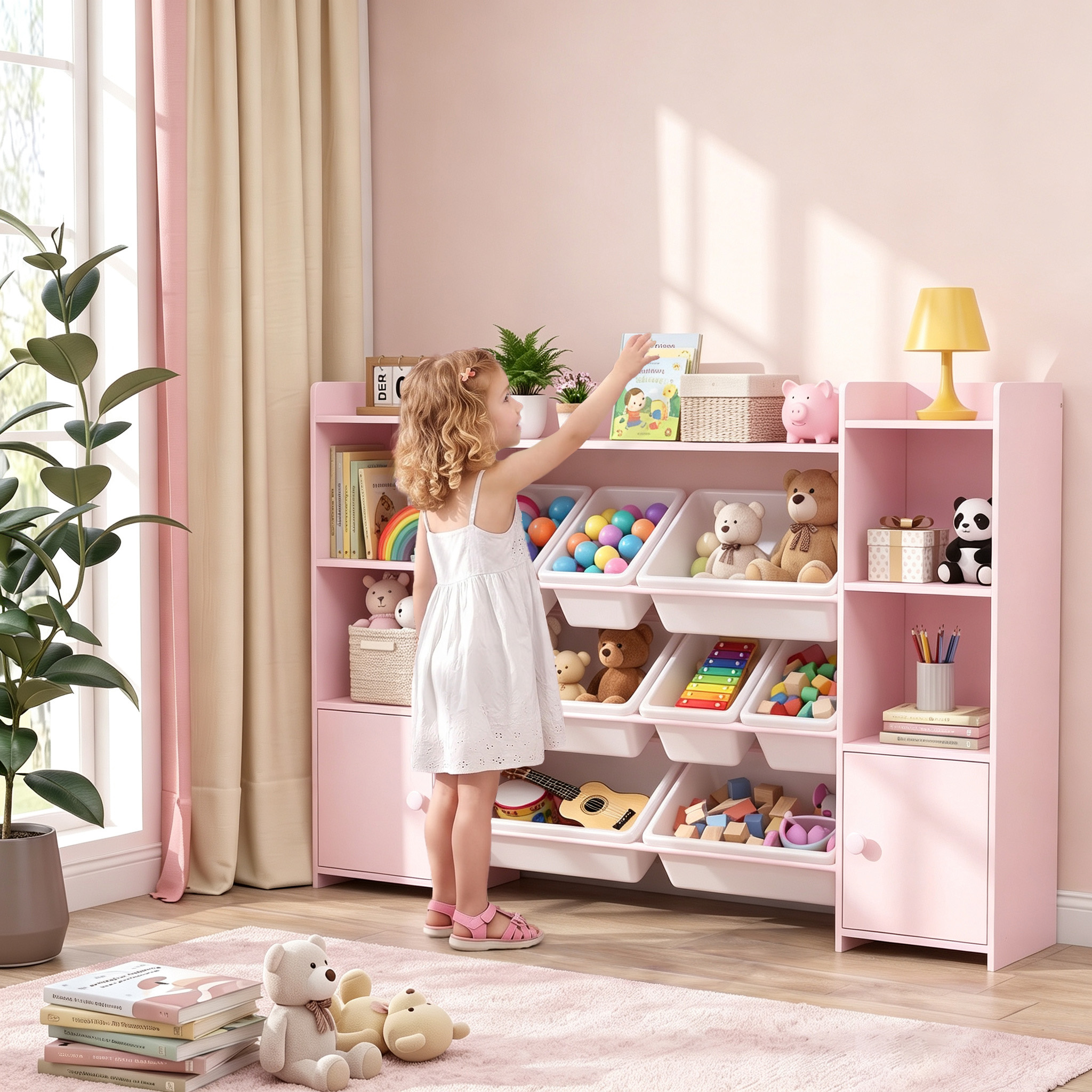 Aiyaplay Scaffale Portagiochi per Bambini con 8 Contenitori Rimovibili e Armadietti, 140x30x90 cm, Rosa   Aosom Italy