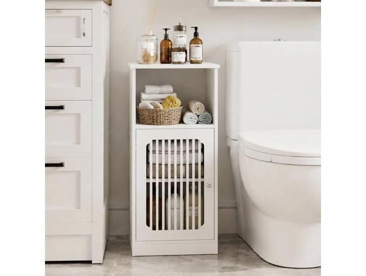 MEUBLIV Meuble bas de salle de bain sur pied porte à lamelles blanc MDF et panneaux de particules