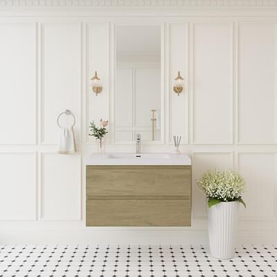 JimsMaison Wood Melamine Floating Wall‑Mount Bathroom Vanity with Integrated Sink , Premium Soft-Close Hardware ( Fully Assembled )