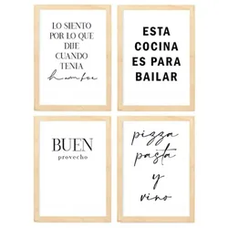 POSTER Set mit 4 Küche TypografieStil A3 Rahmen aus hellem Holz