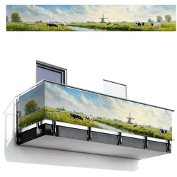 BALKON-SICHTSCHUTZ Kühe - Windmühle - Wiese - Blau Groß 500x80 cm