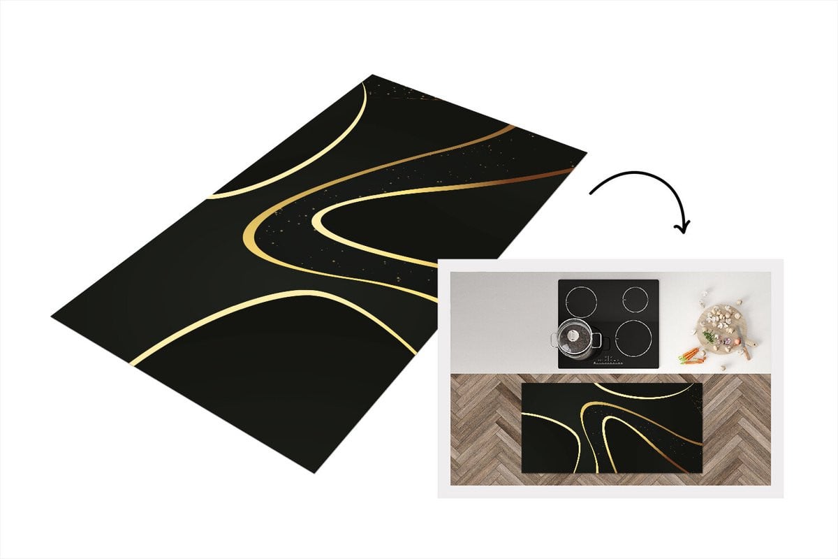 Keukenloper vinyl met gouden golven op een zwarte achtergrond - 120 x 60 cm