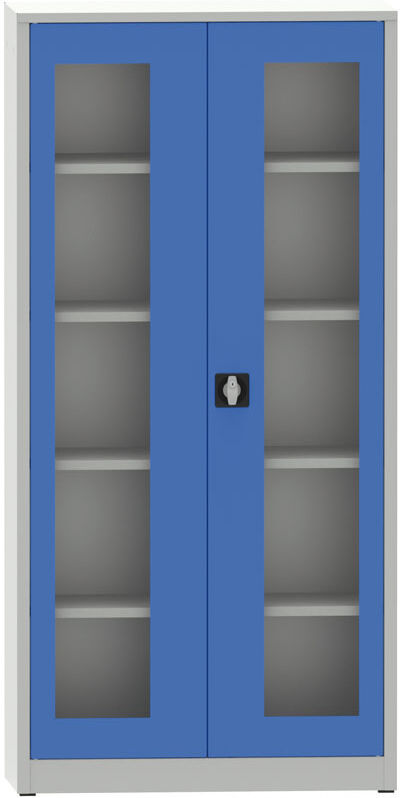 Kovona Geschweißter Regalschrank mit Türen mit Plexiglasfenstern, 1950 x 950 x 600 mm, grau / blau