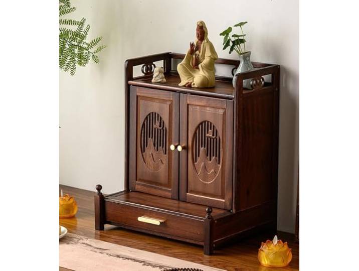 OWIEN Buddha-Regal, Haushalts-Holzschrank mit Schublade, Buddha-Statuenständer, Schrein-Altartisch(with Door,Desktop)