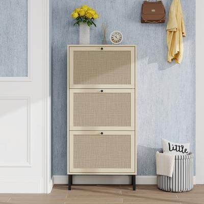 GDFStudio - Natural Rattan Modern Shoe Storage Cabinet with 3 Doors