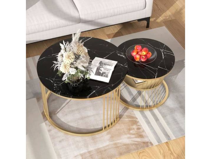 Table basse lot de 2 - gigogne - ensemble de table basse - en placage de marbre - tables rondes d'extrémité