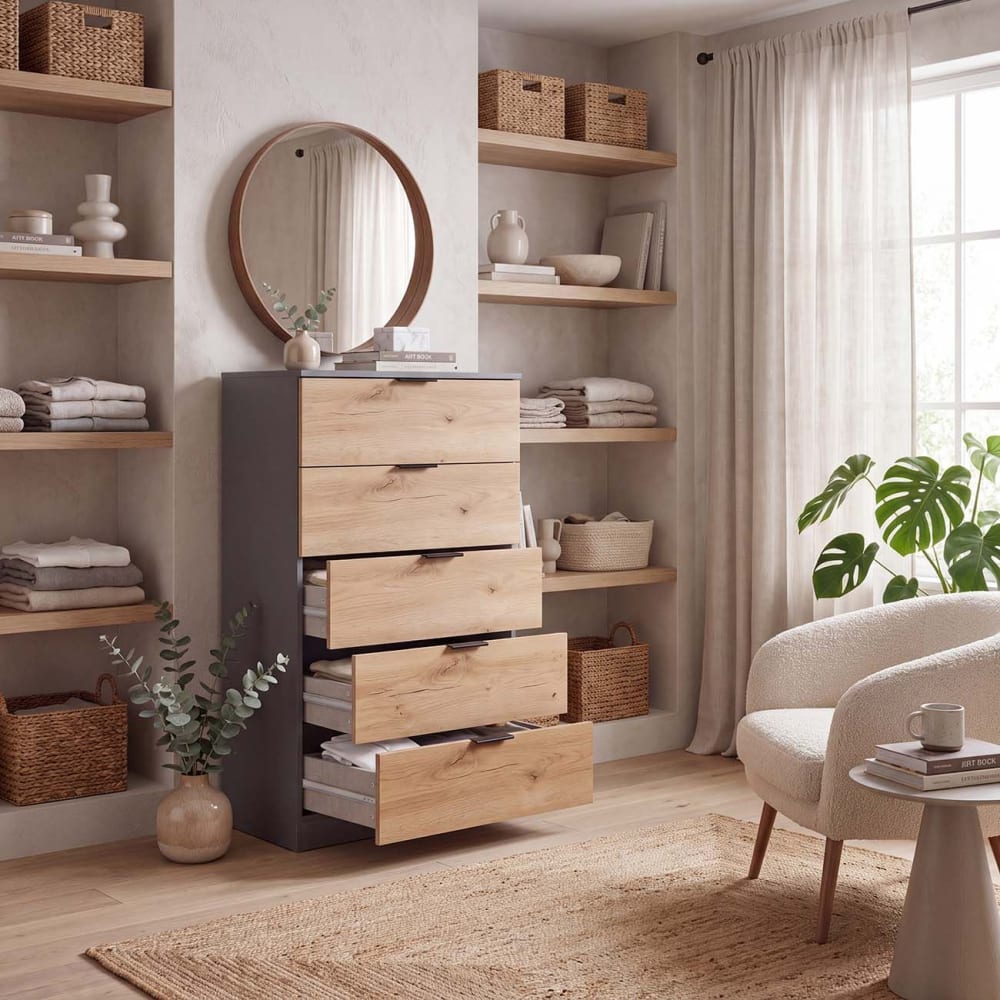 duehome Cómoda alta de 5 cajones 60x110 cm melamina gris grafito - alpine oak