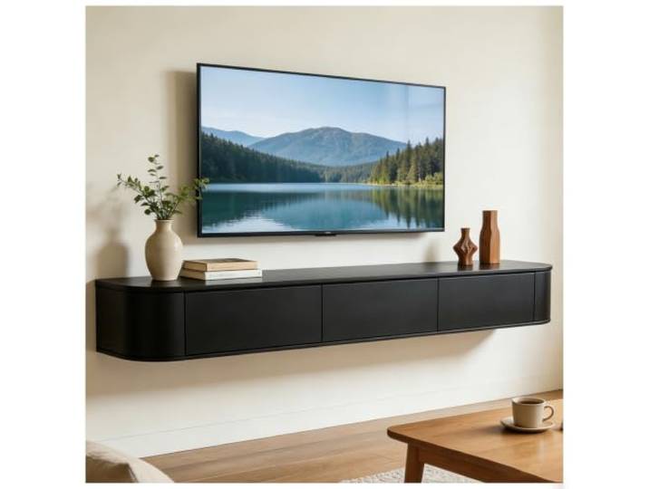 JUNFUNNLE TV Schrank 160cm Schwarz, Moderner TV Board Hängend, TV Lowboard mit 2 Schubladen 1 Klappen Türen, Moderner Fernsehtisch mit Kabelmanagement, TV Tisch für Wohnzimmer und Esszimmer