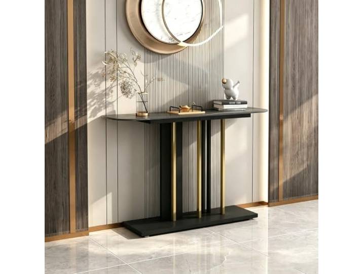 Moderner Konsolentisch mit Steinplatte, schmaler Flurtisch aus Metall Robuste Steinplatte, Geometrisches Metallgestell, Platzsparender Flurtisch, Modernes Industrial-Design(Black,31.5 (80cm))