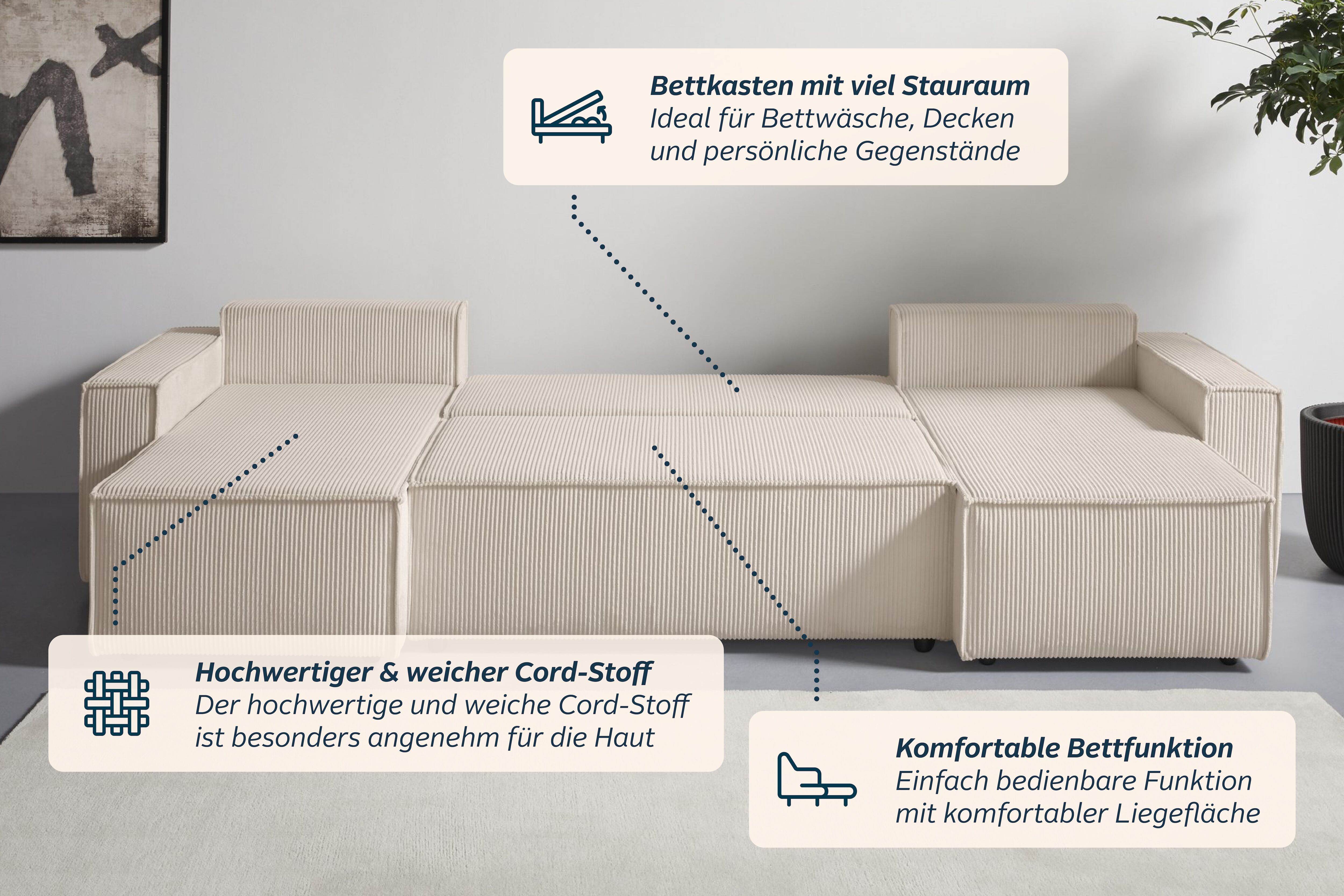 Wohnlandschaft OTTO HOME "CASSI L-Form, 311cm - OTTO. Verlässliche Qualität.", beige (creme), B:311cm H:80cm T:48cm, Sofas, Wohnlandschaft, Schlaffunktion (133/270), Bettkasten, Cord, Unser Tiefpreis