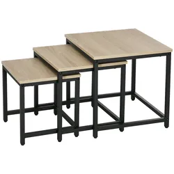OKWISH 3er-Set Satztische aus Stahl und Holzoptik Natur, schwarz, platzsparend ineinanderschiebbar, 45x45x44 cm