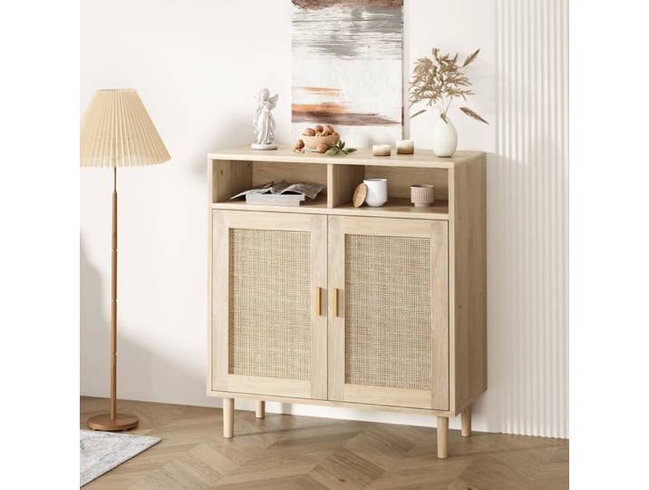 Buffet Moderne Buffet bahut avec 2 portes en rotin 2 Rangement ouverts 80x40x92 cm bois naturel