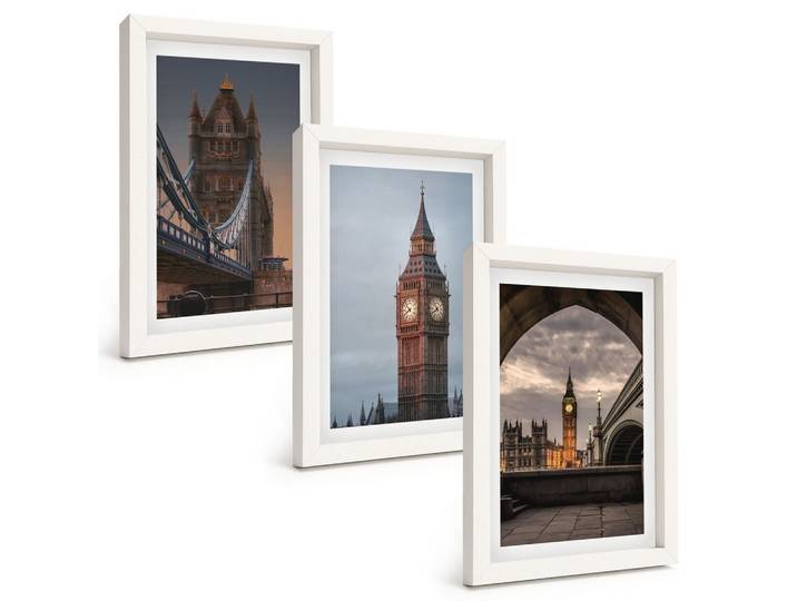 BILDER SET 3er Set - 20x30 cm Weißer Rahmen - London Bridge Big Ben Uhr