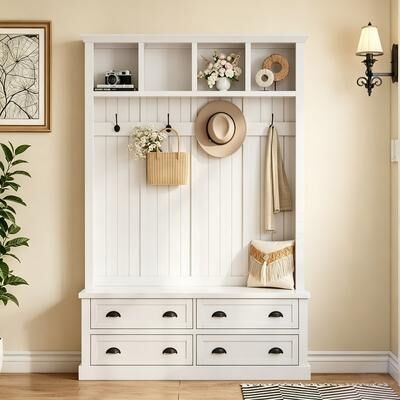 "Farmhouse 77.3""H Hall Tree with 4 Drawers, All-in-One Entryway Storage Bench with Mudroom Coat Rack for Hallway"