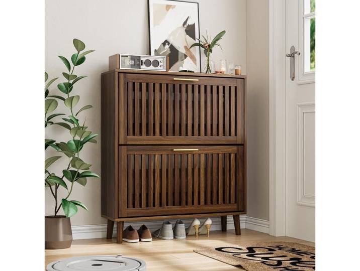 Meuble A Chaussures Noyer 80cm Armoire A Chaussures FloraGrace Pour Entree Et Couloir Avec 2 Abattants 80.01x24.13x92.46cm