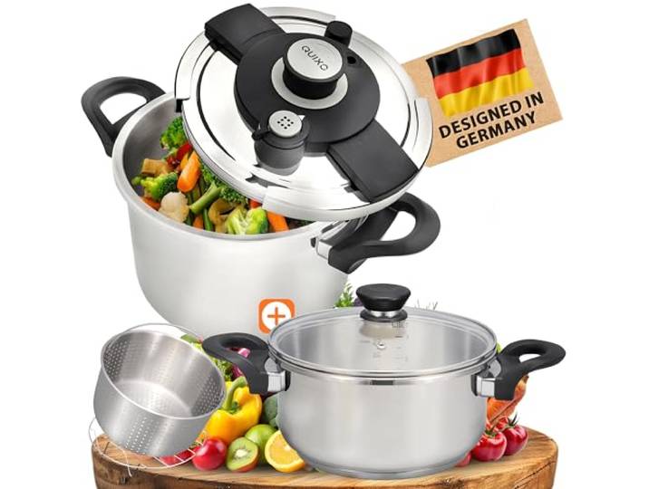 QUIXO Schnellkochtopf 6+4L VitaSmart Dampfkochtopf Induktion Quicksafe-Verschluss mit Kochsignal, 2 Garstufen (6+4L + Garkorb & Glasdeckel)