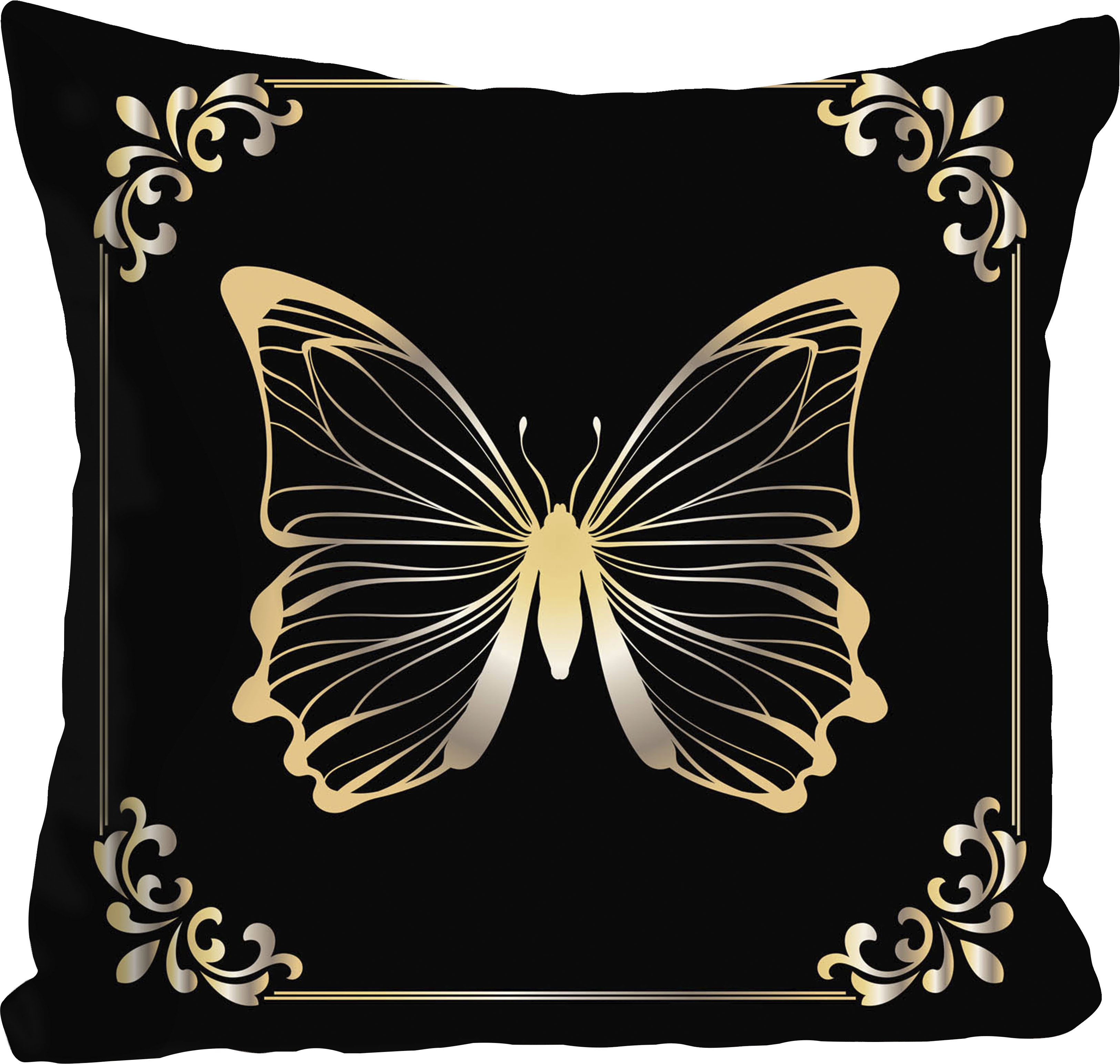 Dekokissen QUEENCE "Pascal", gold (goldfarben, bedruckt), B:40cm L:40cm, Polyester, Dekokissen_Sitzkissen_Kissenhüllen, Dekokissen, Kissenhülle,Schwarzer Hintergrund,Goldener Schmetterling,Eleganz