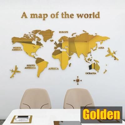 Inspired Living 3D Acrylic World Map Wall Sticker For Modern Home & Office Decor golden m