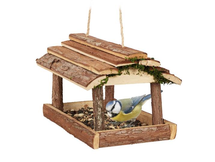 Relaxdays Vogelfutterhaus Natur Holz zum Aufhängen, Braun, Holz, Naturmaterialien, 21x19x32 cm, Dekoration, Gartendeko