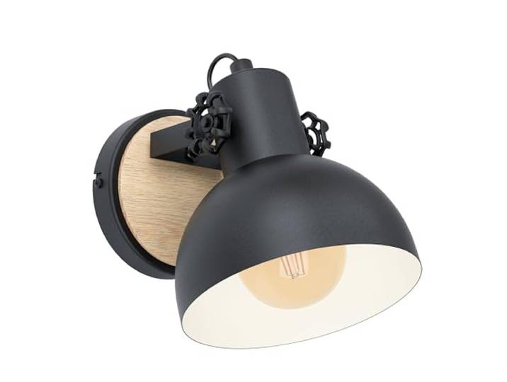 Eglo Applique murale Lubenham\, éclairage mural vintage de style industriel spot mural rétro en acier et bois\, coloris noir et brun\, douille E27\, certifié FSC