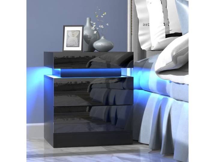 Table de chevet avec 2 tiroirs - VIVOLILV - Haute brillance chevet Éclairage LED - 45x35x52cm - Noir