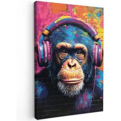 LEINWANDBILD Graffiti - Schimpanse - Straßenkunst - Kopfhörer - Affe Deko Groß 90x140 cm