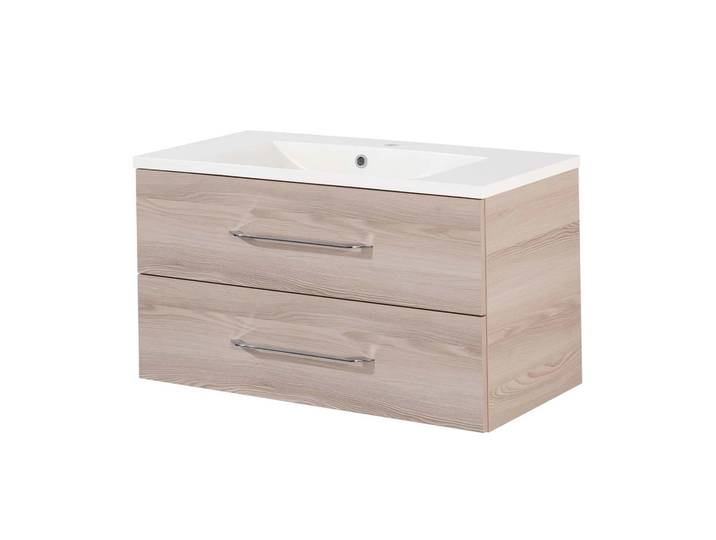 FACKELMANN B.CLEVER Waschbecken mit Unterschrank 90 cm breit, Braun hell, Waschbecken Gussmarmor Weiß