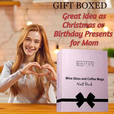 Bezrat """How Mom Tells Time"" Wall Mounted Wine Rack - Unique Wine Gifts For Women - Includes 2 Glasses and 2 Coffee mugs"