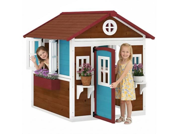 ComfortXL Spielhaus De-18690 mit Tür, Fenstern & Blumenkästen Braun, 126.4x135x114 cm, Freizeit & Co, Gartenspielzeug, Spielhäuser